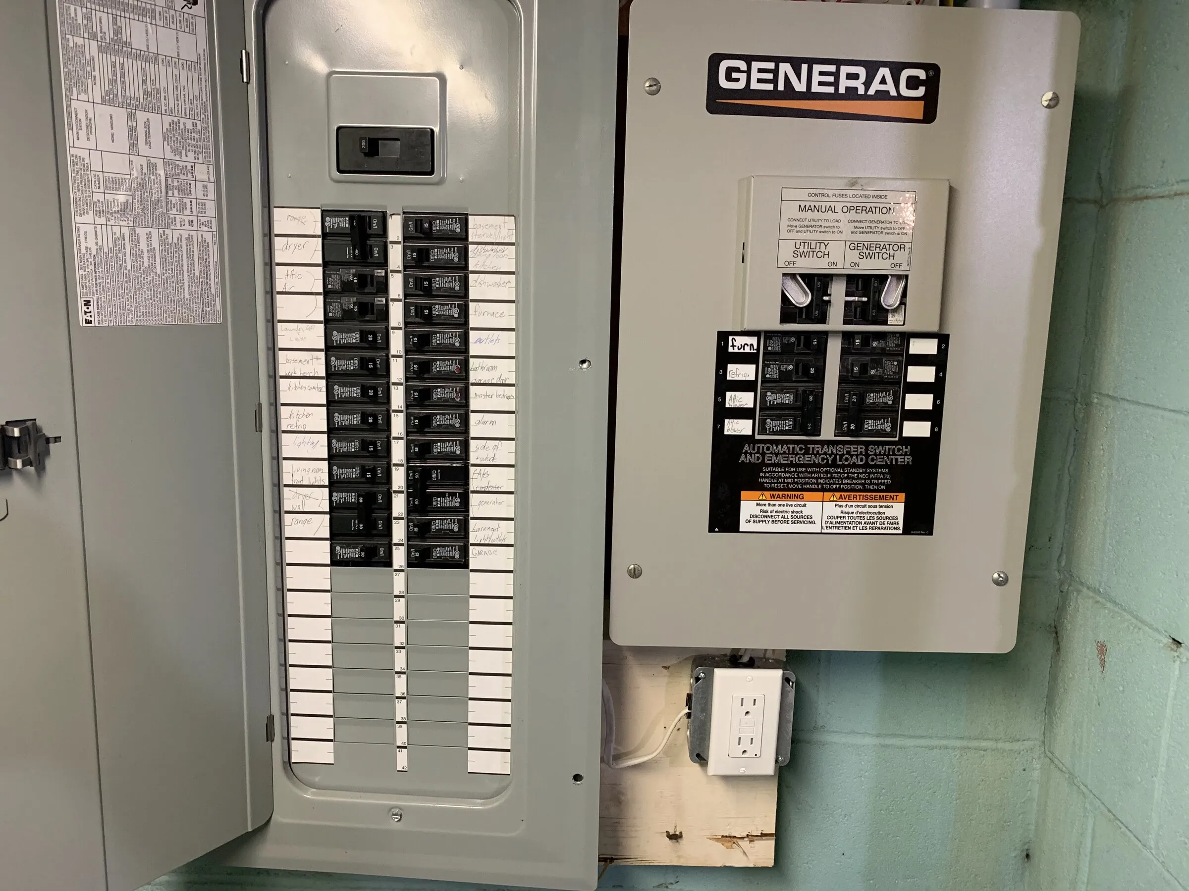Automatic transfer switch wired beside a residential panel